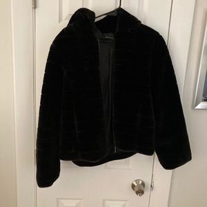Black Furry Hooded Zip Up